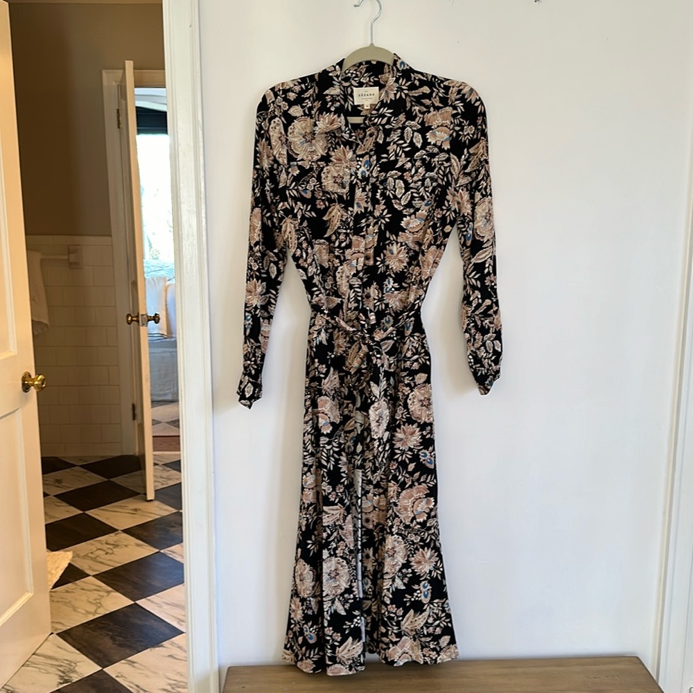 Sezane button down floral dress with tie